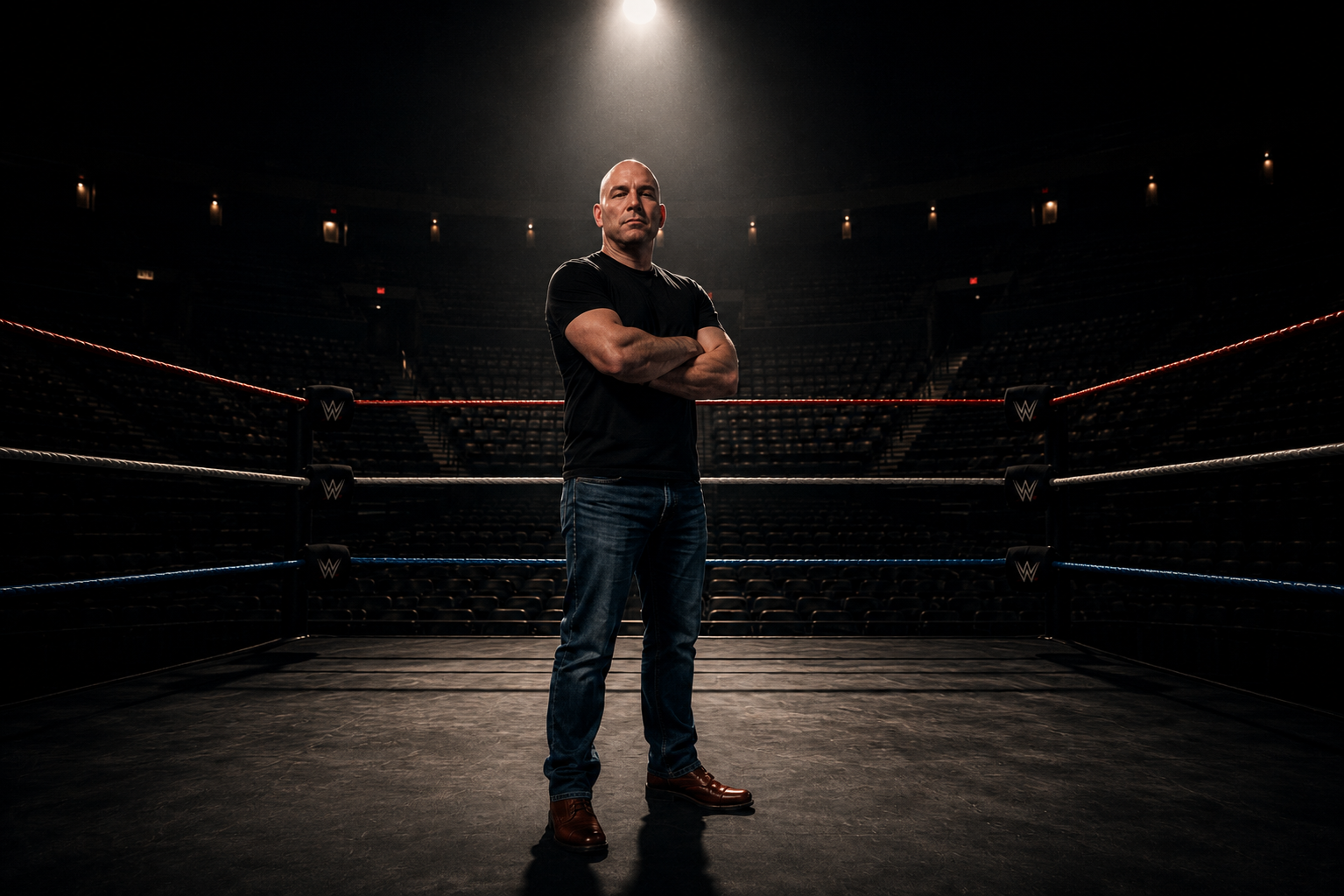 Clyde Benson standing inside an empty wrestling ring under a spotlight